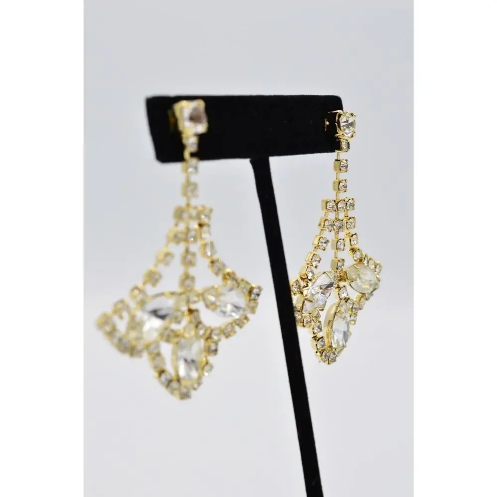 Vintage Crystal Earrings Shiny Gold Prong Rhinestone Dangle NOS 1980s BinAA